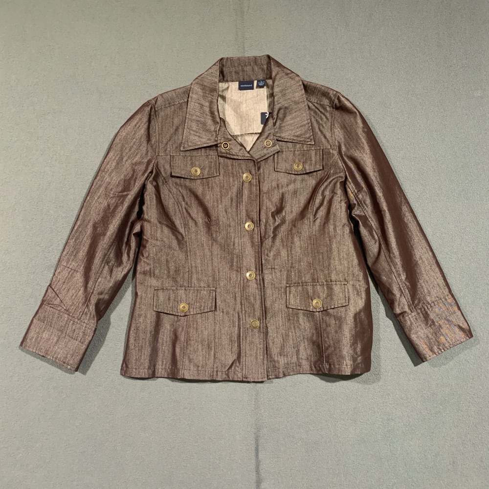 Westbound Womens Jacket Size L Brown Gold Metallic Button Up‎ Long Sleeve